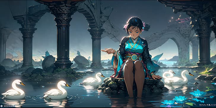 swan, water, lake, relaxation, kimono, blue dress, HD wallpaper
