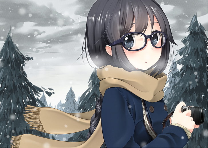 gadis anime, anime, syal, karakter asli, kacamata, meganekko, musim dingin, Wallpaper HD