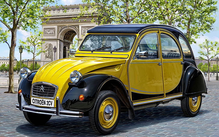 Citroen 2CV yang luar biasa, mobil kumbang citroen kuning dan hitam, citroen 2cv, mobil vintage, mobil klasik, mobil tua, Wallpaper HD