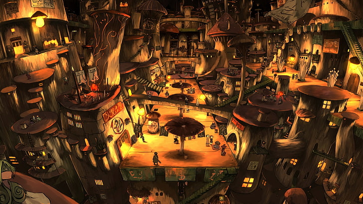 town painting, anime, HD wallpaper