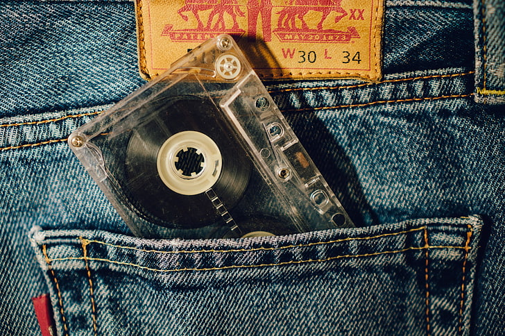 clear and black cassette tape in pockey, cassette, jeans, denim, HD wallpaper