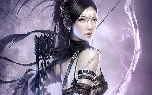 women, fantasy art, digital art, Asian, arrows, Arrow, archer, bow, fantasy girl, HD wallpaper HD wallpaper