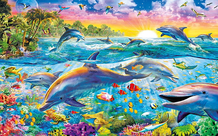 Тропически пейзаж Морски животни Подводен свят Морски делфин Цветни морски риби Корали Земя Брег Палмови дървета Алени птици Изгрев Изкуство Тапет Hd 1920 × 1200, HD тапет