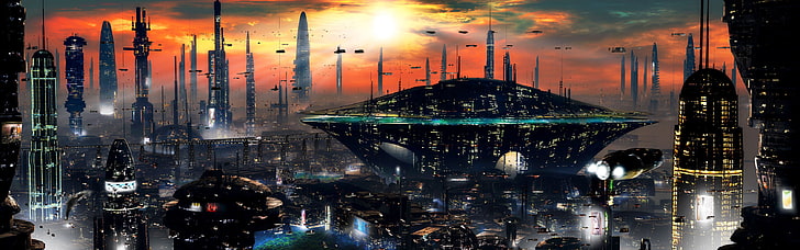 futuristic digital wallpaper, sunset, the city, future, skyscrapers, sci-fi, HD wallpaper