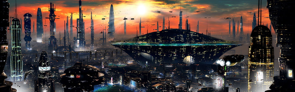 футуристичен цифров тапет, залез, град, бъдеще, небостъргачи, научна фантастика, HD тапет HD wallpaper