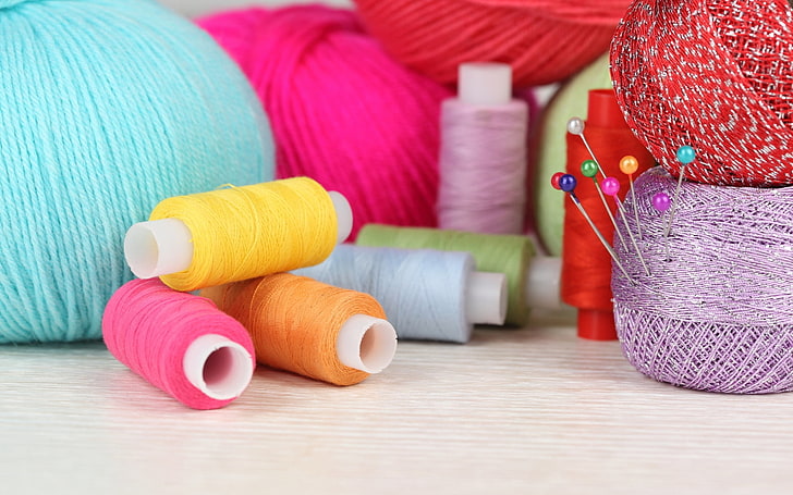 several assorted-color threads \, strings, balls, coils, needles, sewing, hobby, HD wallpaper