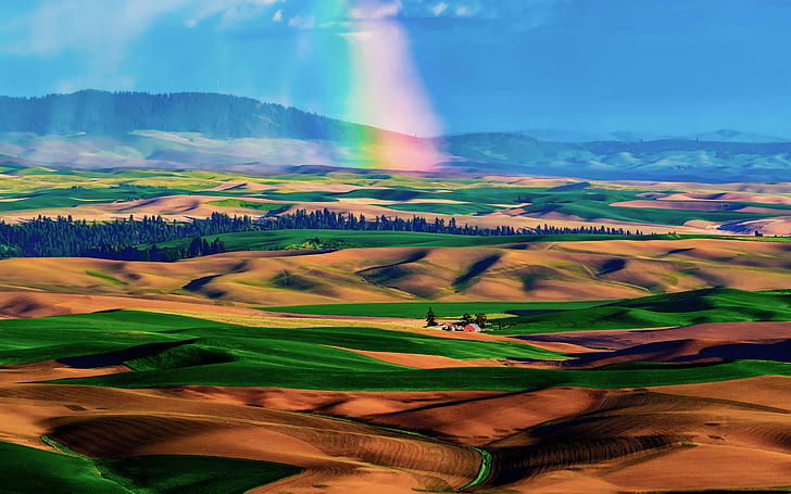 HDR Rainbow Landscape, landscape, background, green land, grass, hdr, HD wallpaper