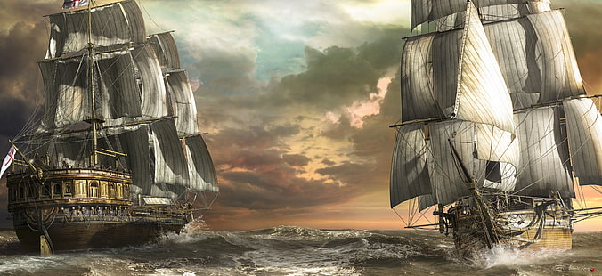 malowanie dwóch okrętów wojennych, morze, fala, statki, sztuka, żaglówki, Tapety HD HD wallpaper