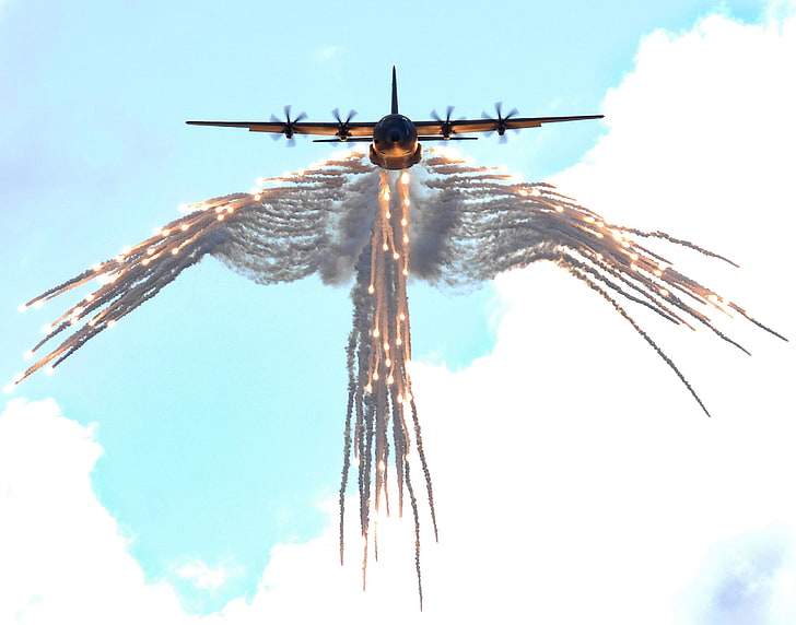 avión de combate gris, aviones, aviones militares, Lockheed C-130 Hércules, bengalas, ángel de la muerte, Fondo de pantalla HD