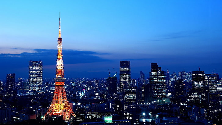 日本、東京タワー、街の明かり、東京、都市景観、スカイライン、 HDデスクトップの壁紙