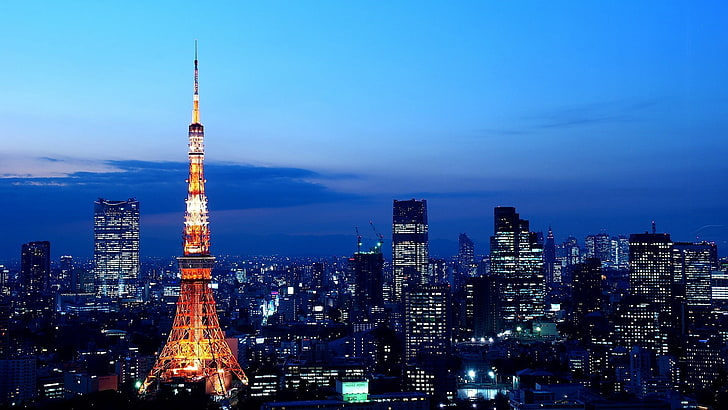 อาคารสูง, โตเกียว, โตเกียวทาวเวอร์, ญี่ปุ่น, แสงไฟของเมือง, เส้นขอบฟ้า, ทิวทัศน์ของเมือง, วอลล์เปเปอร์ HD