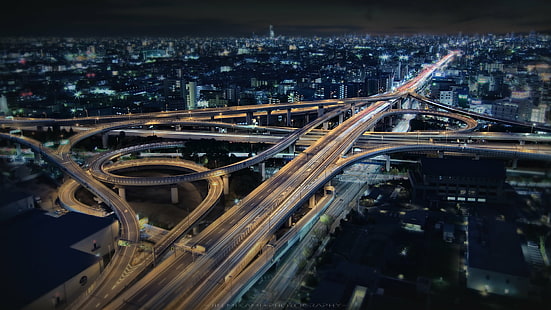 Nightime、大阪、日本、大阪、日本、東区、大阪、日本、日本通り、建築、都市景観、光、長時間露光、夜、夜景、道路、日陰、影、高速道路、町、交通、通り、複数の車線高速道路、高架、交通、車、高架道路、都市シーン、道路交差点、速度、都市スカイライン、都市、 HDデスクトップの壁紙 HD wallpaper