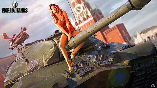 World of Tanks game wallpaper, girl, figure, art, tank, trunk, The Kremlin, heavy, Soviet, World of Tanks, Is-3, Red Square, Nikita Bolyakov, HD wallpaper HD wallpaper