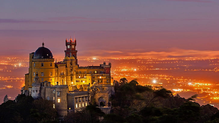 Luces, Portugal, Sintra, Palacio Nacional de Pena, Fondo de pantalla HD