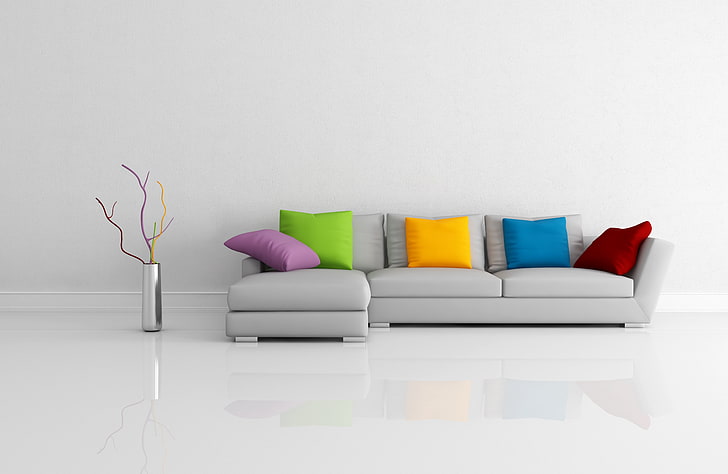 серый кожаный угловой диван и пять декоративных подушек разного цвета, диван, подушки, ветка, HD обои