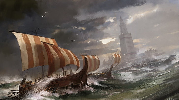 barco marrón sobre cuerpo de pintura de agua, barco, obra de arte, arte de fantasía, Fondo de pantalla HD