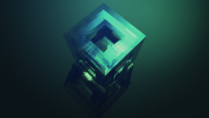 black and gray abstract cube, square green cube digital wallpaper, artwork, colorful, Justin Maller, Facets, gradient, minimalism, cube, simple background, digital art, abstract, HD wallpaper