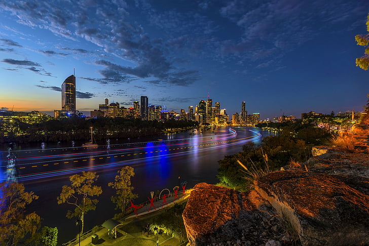 Cities, Brisbane, Australia, Building, City, Light, Night, River, Skyscraper, Time-Lapse, HD wallpaper