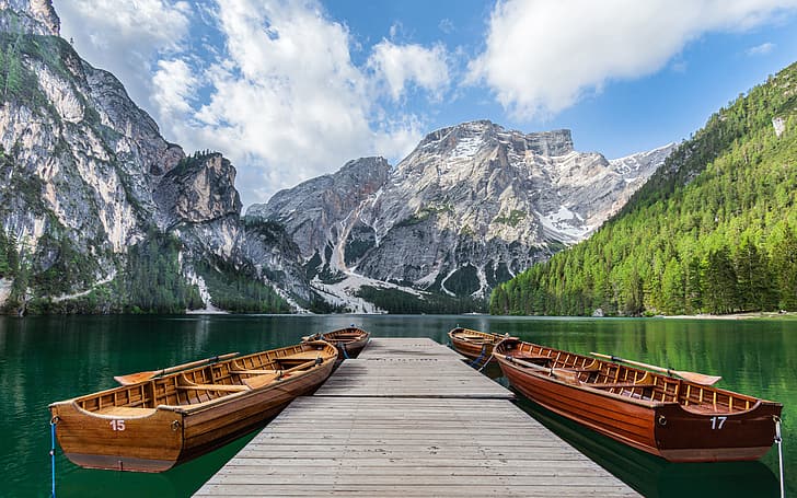 mountains, lake, Marina, boats, Italy, The Dolomites, South Tyrol, Dolomites, Lake Braies, The lake of Braies, Pragser Wildsee, Lake Braes, HD wallpaper