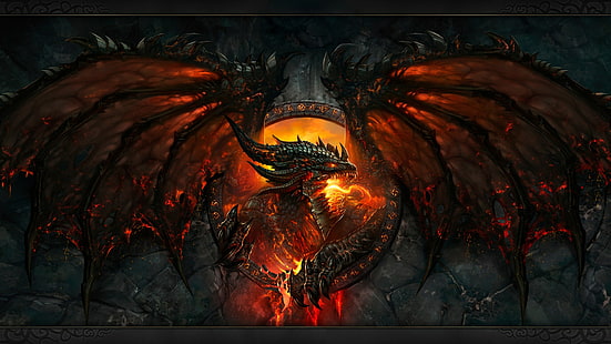 asas, Deathwing, World of Warcraft: Cataclysm, World of Warcraft, Asas de dragão, garras, fogo, Blizzard Entertainment, rosto, arte de fantasia, dragão, videogame, dentes, HD papel de parede HD wallpaper