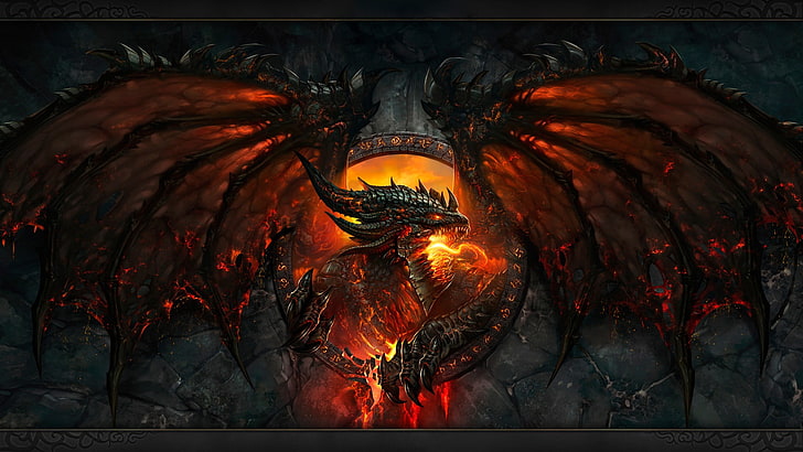 fire dragon wallpaper, World of Warcraft: Cataclysm, video games, dragon, Deathwing, World of Warcraft, Blizzard Entertainment, fire, Dragon Wings, wings, claws, fantasy art, face, teeth, HD wallpaper