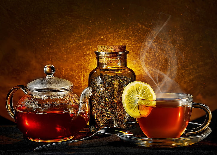 amber glass bottle, clear glass teapot, and clear glass cup, lemon, tea, kettle, couples, spoon, Cup, welding, jar, HD wallpaper