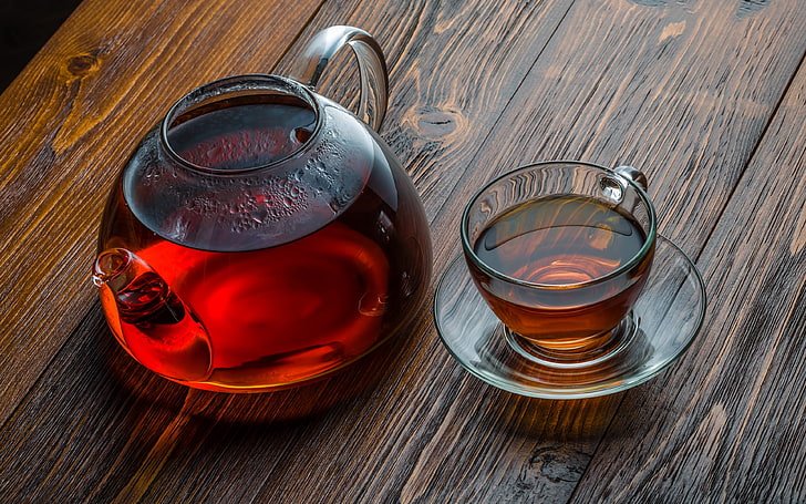 teiera in vetro trasparente con set da tè e piattino, tè, Sfondo HD