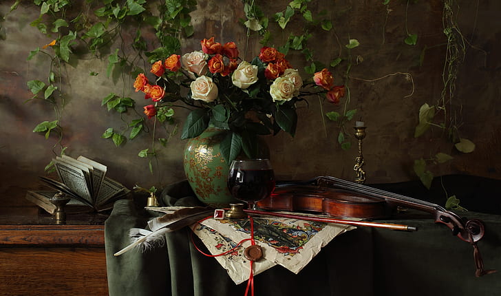 flowers, style, pen, violin, roses, bouquet, book, vase, still life, bow, candle holder, HD wallpaper