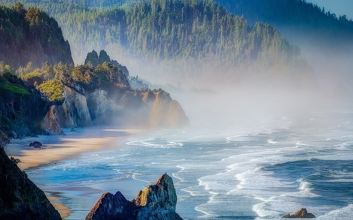 body of water near mountain, nature, landscape, mist, beach, sea, Oregon, forest, cliff, mountains, HD wallpaper