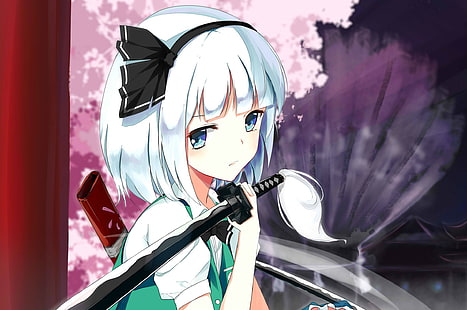 Konpaku Youmu, kurzes Haar, silbernes Haar, Touhou, Schwert, Kirschblüte, Katana, blaue Augen, HD-Hintergrundbild HD wallpaper