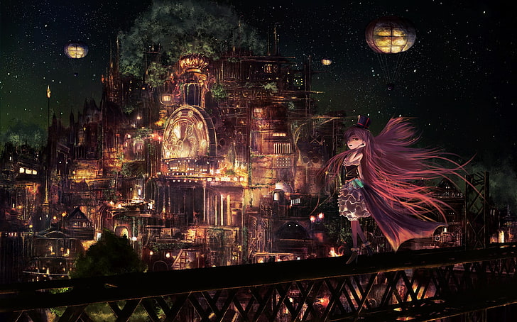kobieca tapeta z postaciami z anime, oryginalne postacie, pejzaż miejski, noc, Tapety HD