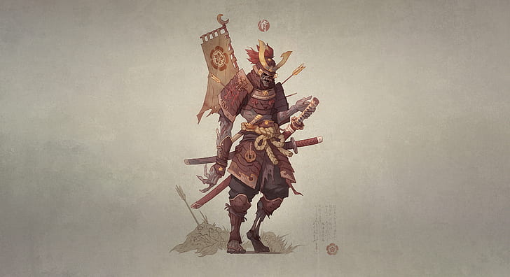 Фантазия, самурай, броня, знаме, катана, меч, немъртви, воин, HD тапет