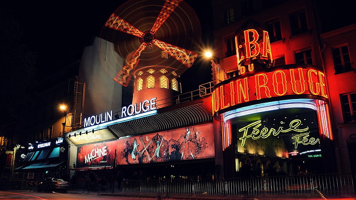 night, landmark, light, neon sign, lighting, city, neon, entertainment, moulin rouge, tourist attraction, electronic signage, downtown, paris, darkness, france, europe, HD wallpaper