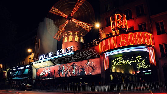 night, landmark, light, neon sign, lighting, city, neon, entertainment, moulin rouge, tourist attraction, electronic signage, downtown, paris, darkness, france, europe, HD wallpaper HD wallpaper