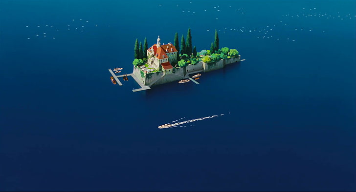пейзаж, особняки, вода, дом, остров, замок, Porco Rosso, море, лодка, студия Ghibli, аниме, HD обои