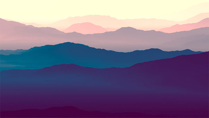 風景、最小、グラデーション、地平線、山、紫、4K、 HDデスクトップの壁紙