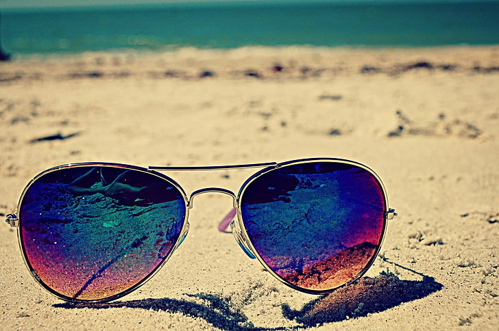 silver-colored Aviator-style sunglasses, sunglasses, beach, HD wallpaper