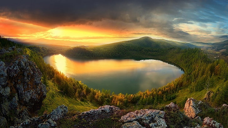 въздушна фотография на езеро, езеро, природа, пейзаж, планини, залез, HD тапет