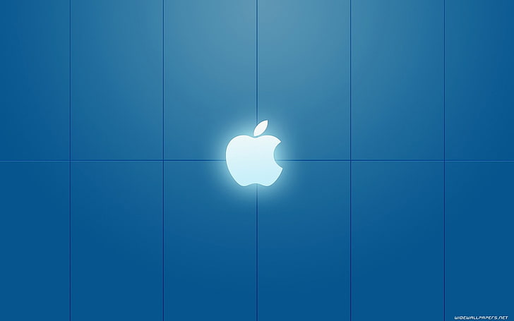 bercahaya, Apple Inc., logo, latar belakang biru, sederhana, seni digital, Wallpaper HD