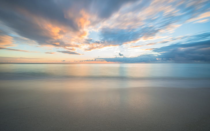 пейзаж, песок, закат, горизонт, море, спокойствие, пляж, облака, HD обои