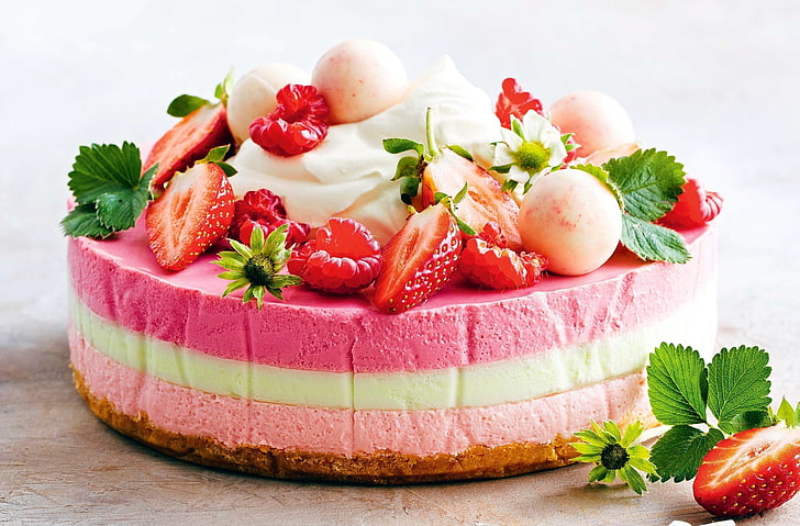 cake, fruit, strawberries, food, raspberries, HD wallpaper