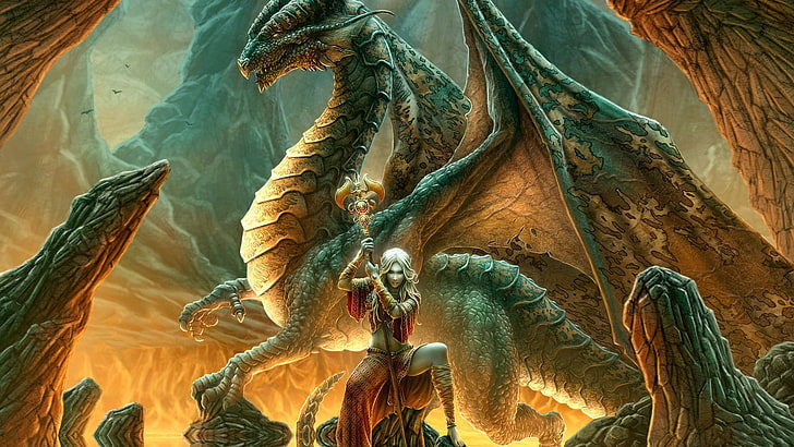 коричневый персонаж дракона и женский персонаж обои, дракон, HD обои