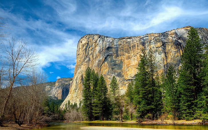 Park Narodowy Yosemite, Sierra Nevada, błękitne niebo, góry, rzeka, drzewa, Yosemite, Narodowy, Park, Sierra, Nevada, Błękit, Niebo, Góry, Rzeka, Drzewa, Tapety HD