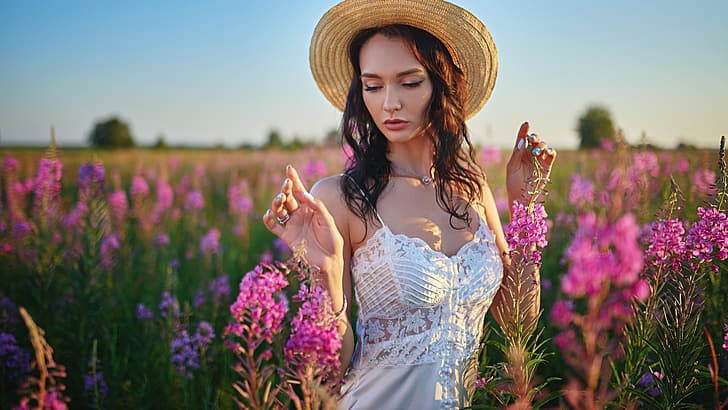 girl, flowers, pose, hands, meadow, hat, Sergey Fat, Sergey Zhirnov, Kseniya Kharchenko, HD wallpaper