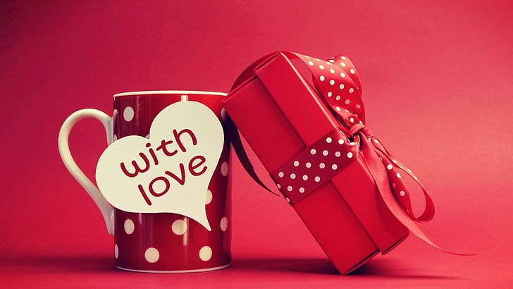 발렌타인 데이 선물 및 찻잔, 발렌타인 데이, 선물, 사랑, HD 배경 화면