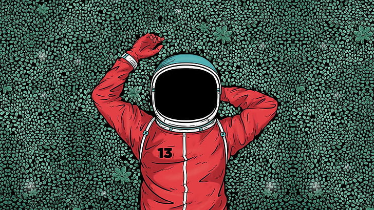 röda astronautkonstverk, konstverk, astronaut, gräs, HD tapet