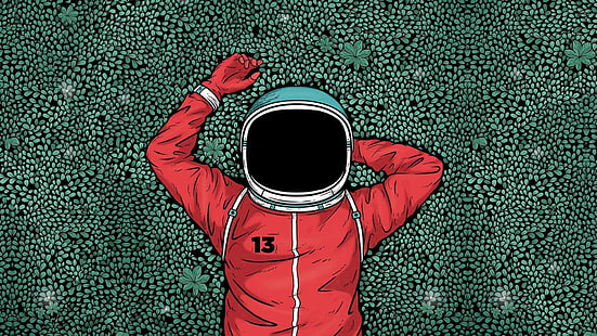 opera d'arte astronauta rossa, opera d'arte, astronauta, erba, Sfondo HD HD wallpaper