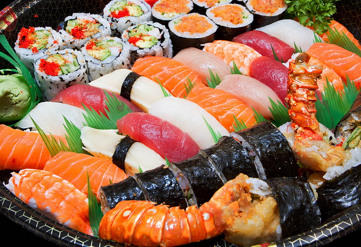 assorted sushi dishes, sushi, plate, dish, HD wallpaper