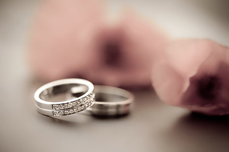 два серебряных кольца, цветы, фон, широкоформатные, обои, размытие, кольца, бриллианты, разные, полноэкранные, HD обои, драгоценные камни, обручальные кольца, полноэкранные, HD обои HD wallpaper