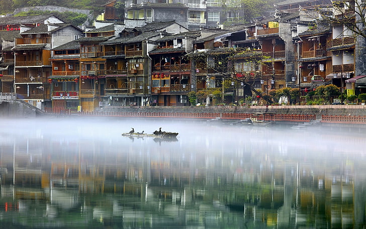 brown and black wooden table, photography, landscape, Phoenix Ancient Town, river, mist, house, water, birds, reflection, nature, China, HD wallpaper